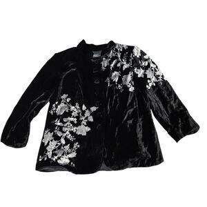 DANA BUCHMAN Black Champagne Floral Velvet Button Front Jacket Size: 16